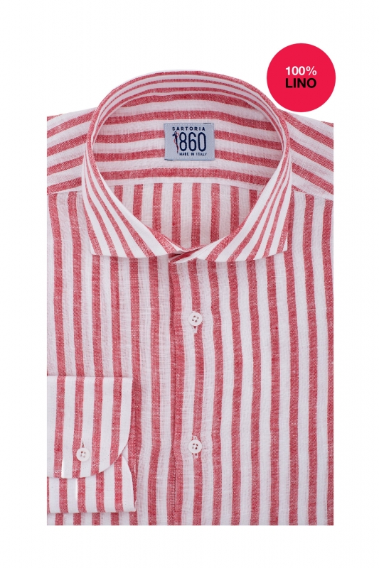 Camicia Cosenza - 100% lino bacchettato bianco e rosso