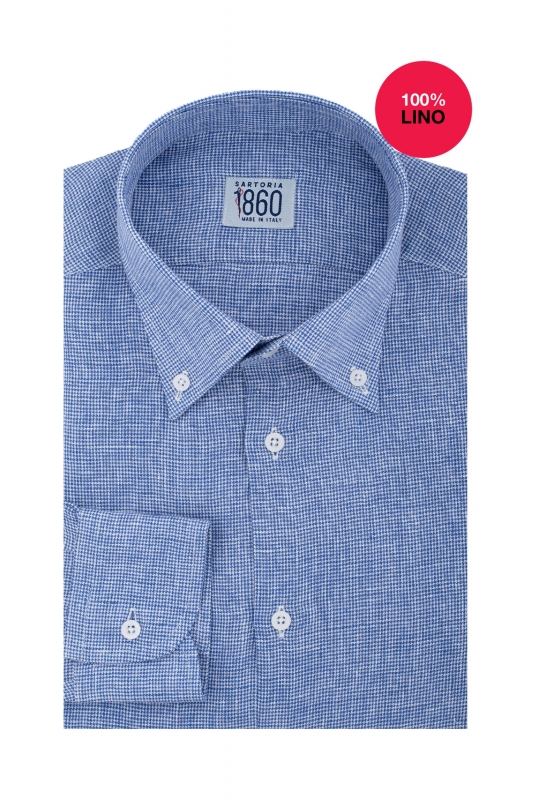 Camicia Ponza - 100% lino pied de poule bianco e azzurro