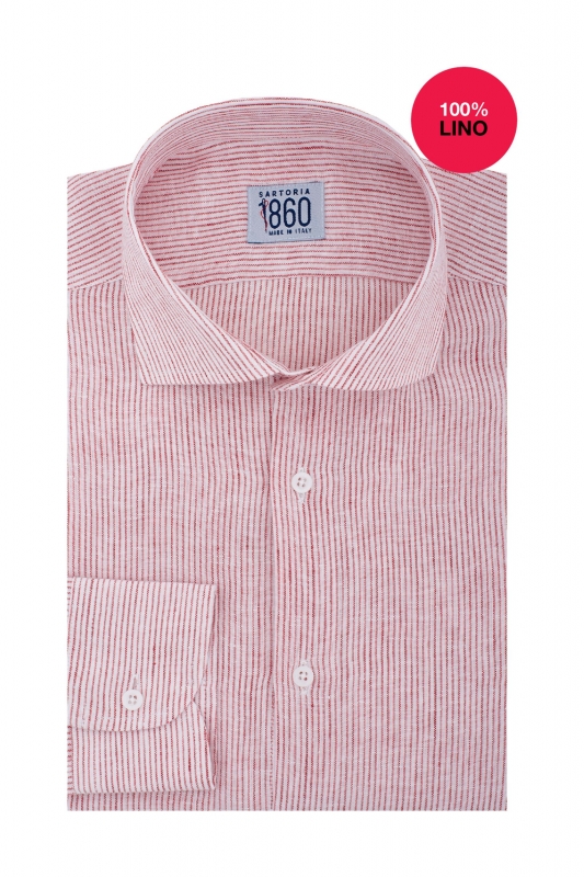 Camicia Perugia - 100% lino rigato bianco e rosso