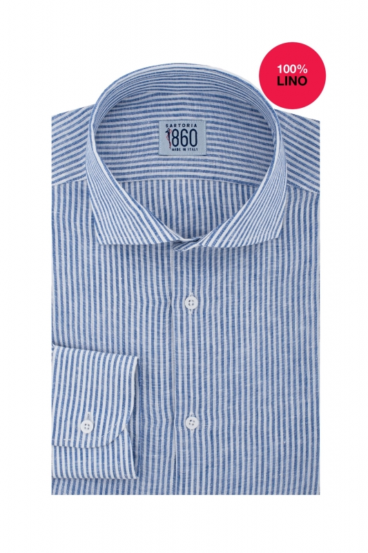 Camicia Pescara - 100% lino bacchettata bianco e azzurro 
