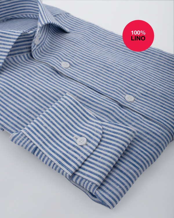 Camicia Pescara - 100% lino bacchettata bianco e azzurro 