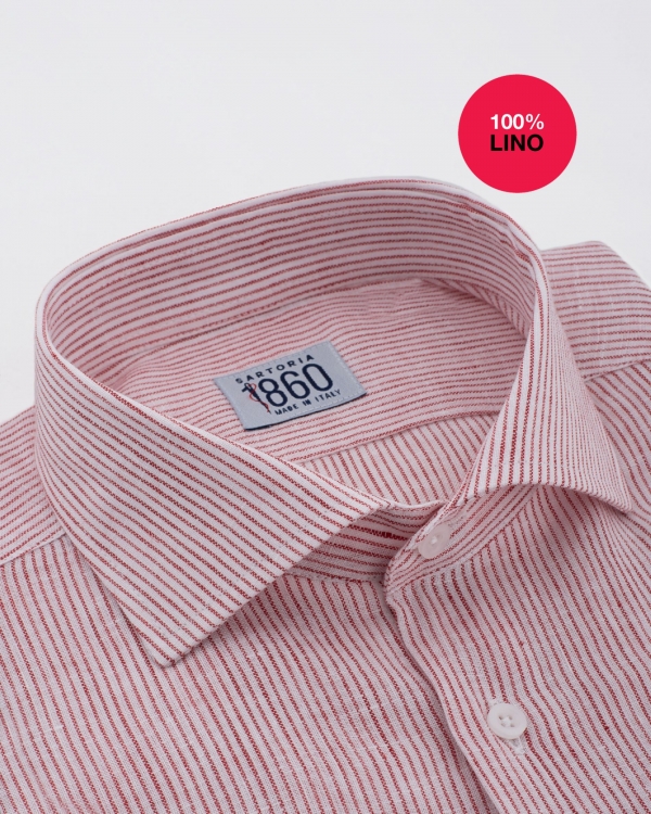 Camicia Perugia - 100% lino rigato bianco e rosso