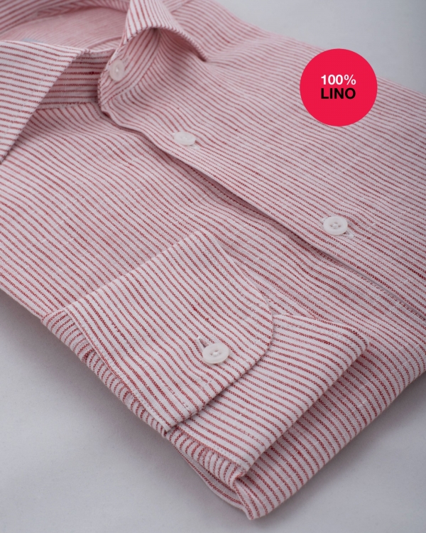 Camicia Perugia - 100% lino rigato bianco e rosso