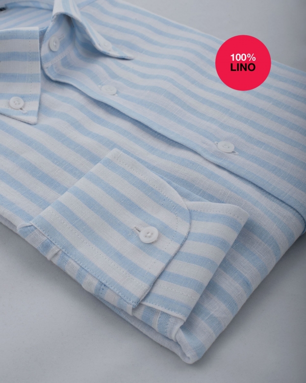Camicia Ischia - 100% lino bacchettato bianco e celeste 