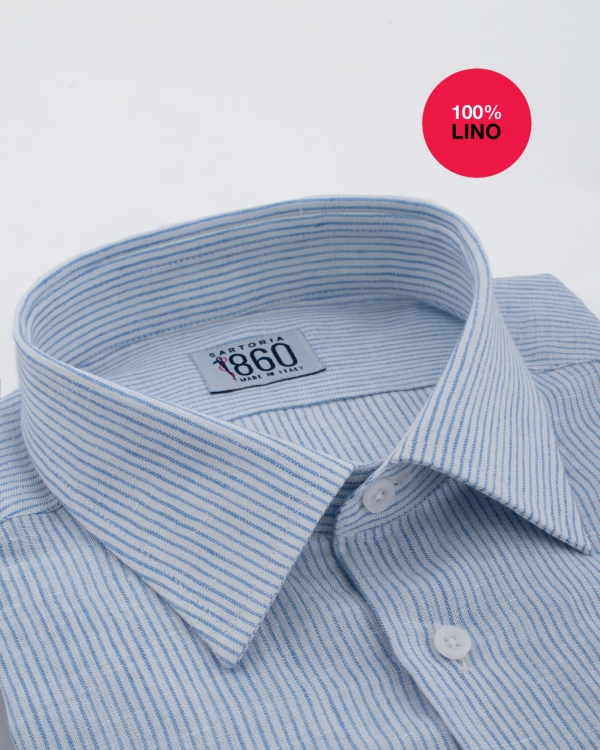Camicia San Marino - 100% lino rigato bianco e celeste 