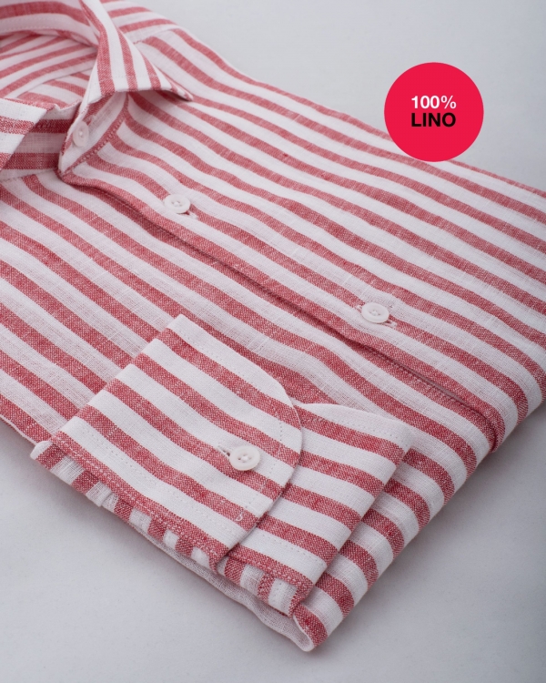 Camicia Cosenza - 100% lino bacchettato bianco e rosso