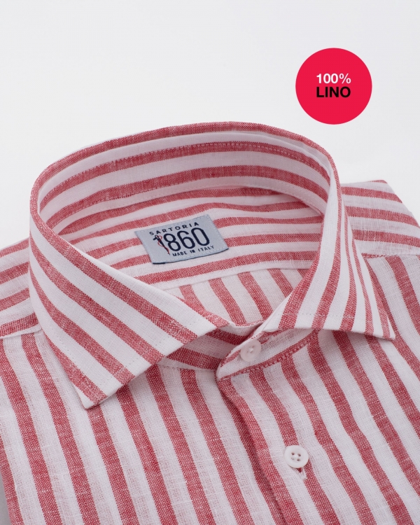 Camicia Cosenza - 100% lino bacchettato bianco e rosso