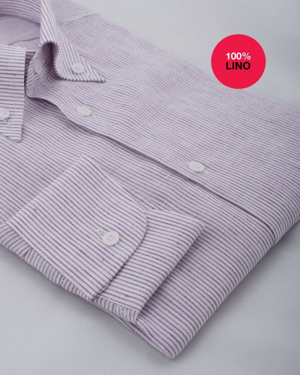 Camicia Demonte - 100% lino rigato bianco e lavanda