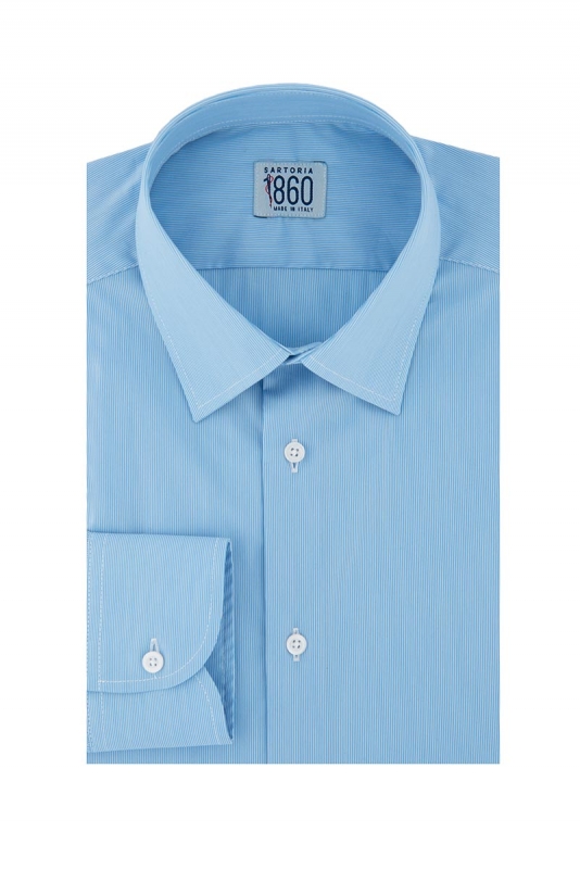 Camicia Lodi - popeline stretch, fantasia rigata bianco e celeste