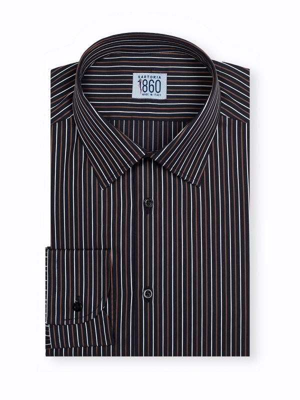 Camicia Garda - popeline 100% puro cotone, fantasia righe bianco e marrone
