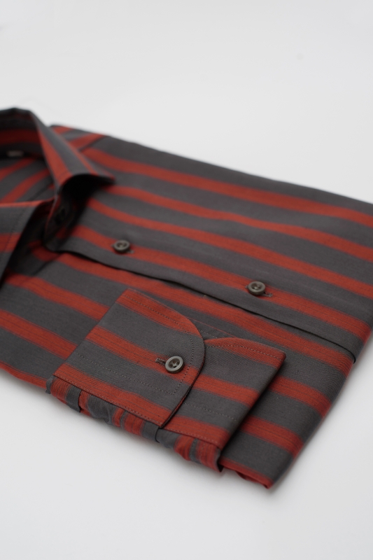 Camicia Senigallia - popeline 100% puro cotone fantasia rigata grigio antracite e rosso mattone