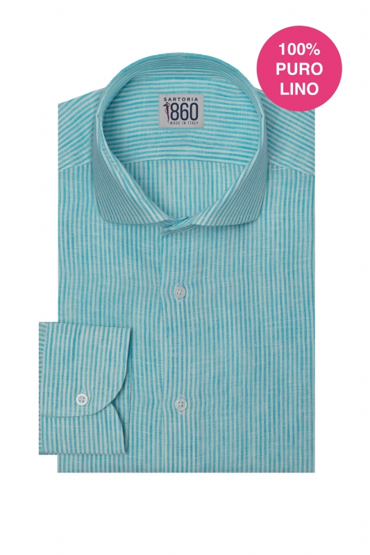 CAMICIA CORFU 100 lino bastoncino bianco e tiffany Antica sartoria Italiana Sartoria1860