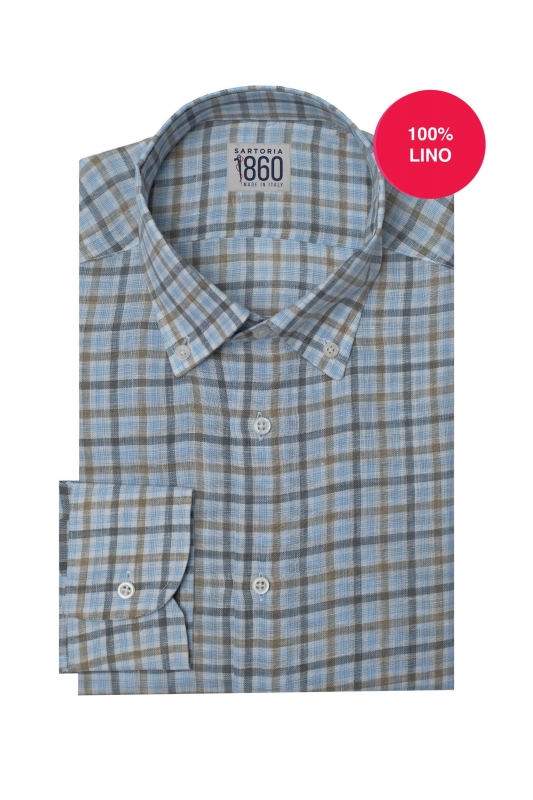 CAMICIA ORTIGIA - 100% lino quadro celeste, grigio e sabbia