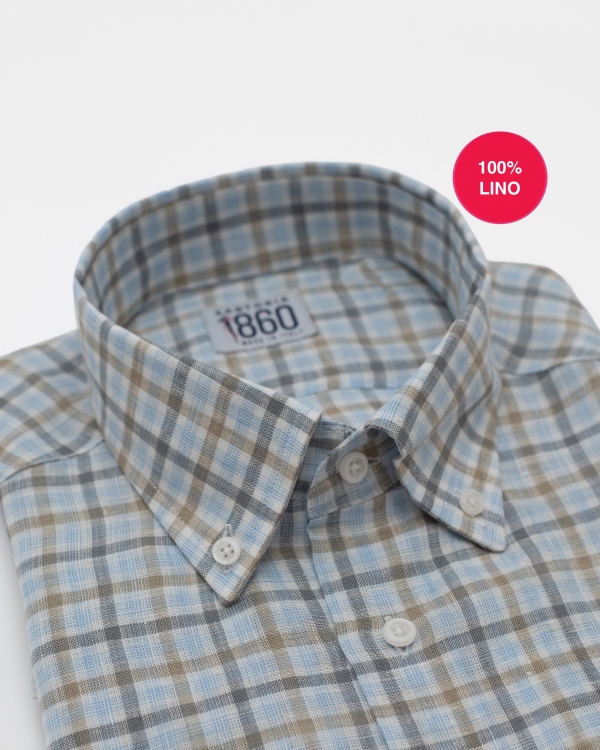 CAMICIA ORTIGIA - 100% lino quadro celeste, grigio e sabbia