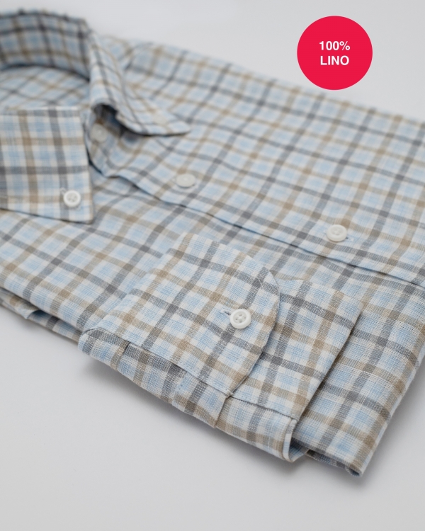CAMICIA ORTIGIA - 100% lino quadro celeste, grigio e sabbia