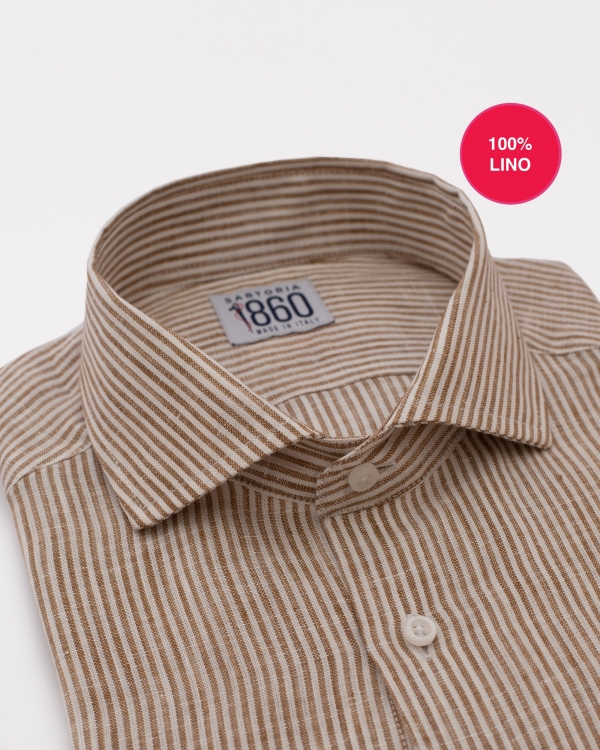 CAMICIA PETRA - 100% lino bastoncino bianco e nocciola