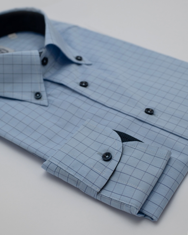 CAMICIA STOCCARDA, popeline stretch quadro blu e pied de poule celeste