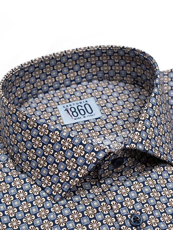 Camicia Sorrento - popeline 100% puro cotone, fondo blu con motivi